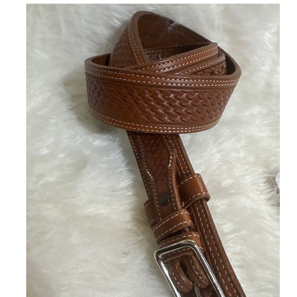 Vogt Belt Mens 32 Basketweave Brown Leather Handmade Western Silver Buckle